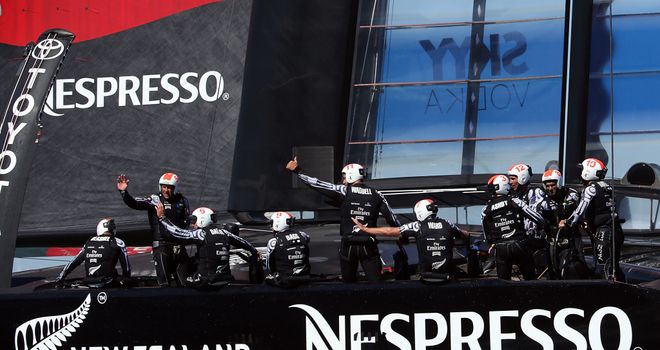 Emirates Team New Zealand celebrate their victory in Race 10 of the America's Cup