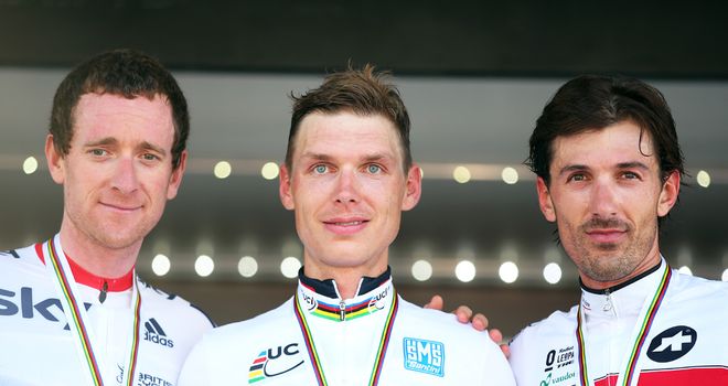 Bradley Wiggins (left): Joined Tony Martin (centre) and Fabian Cancellara (right) on podium