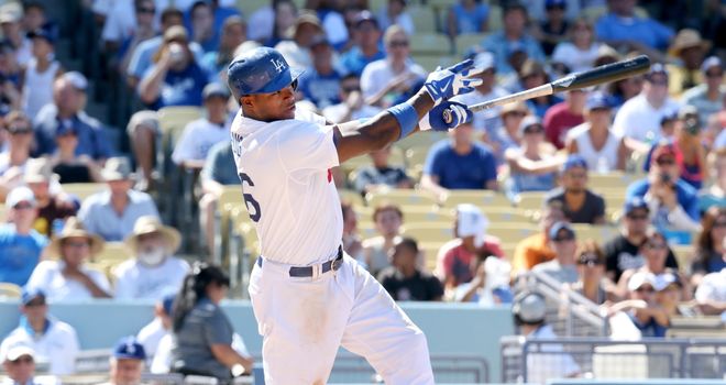 Yasiel Puig hits a home run for the Los Angeles Dodgers