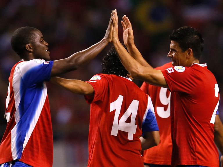 Joel Campbell and Johnny Acosta celebrate for Costa Rica