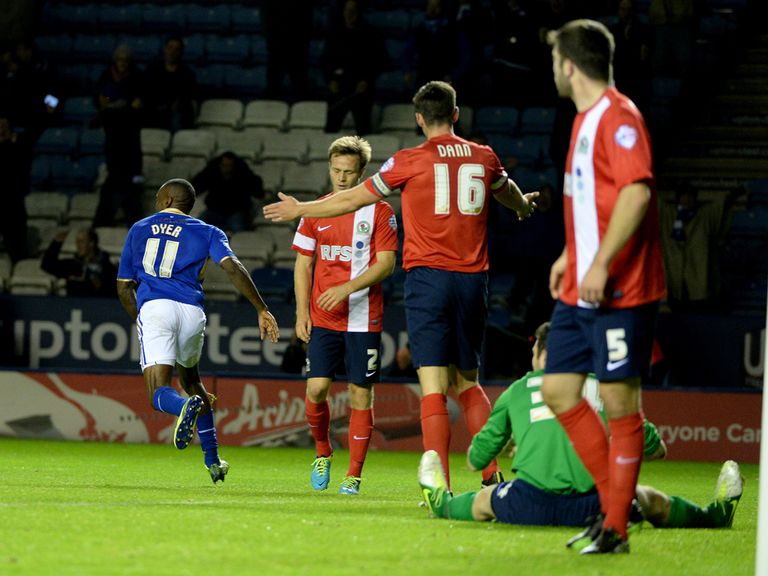 Lloyd Dyer celebrates his goal for Leicester