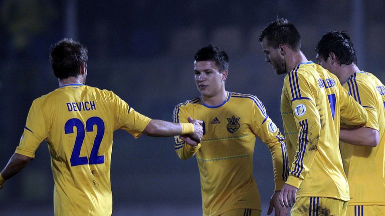 Ukraine celebrate a goal from Marko Devic