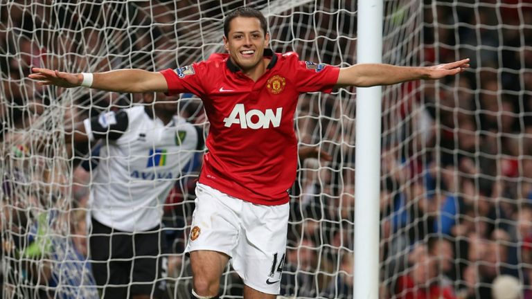 Javier Hernandez celebrates his second goal of the night against Norwich