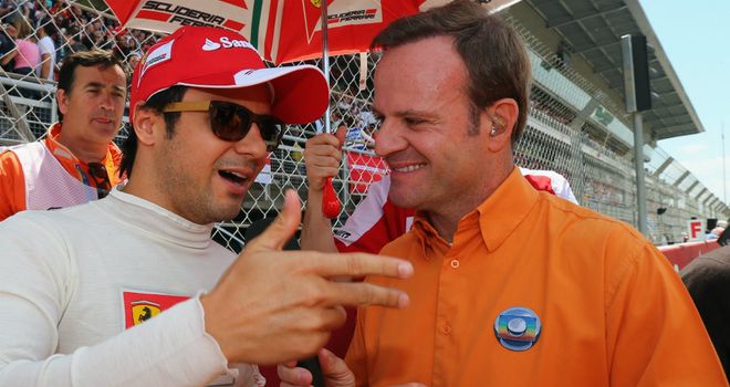 Rubens Barrichello interviews countryman Felipe Massa in his more recent role as an F1 TV pundit
