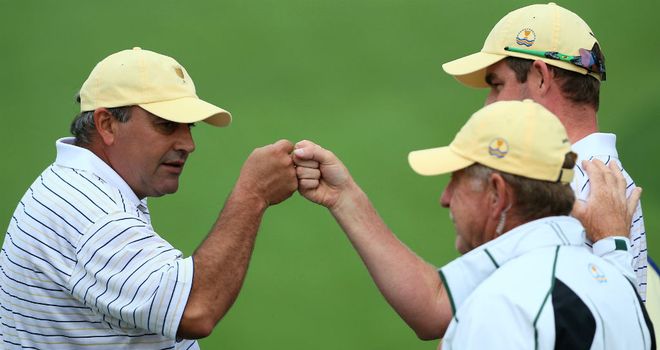 Angel Cabrera and Mark Leishman: A birdie on the 17th green helped the Internationals to a valuable point