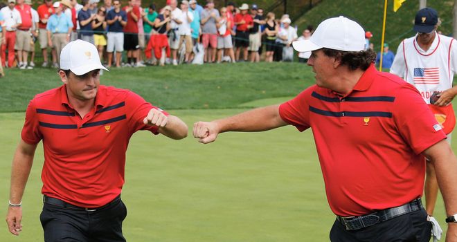 Keegan Bradley and Phil Mickelson: Fought back to all square in their unfinished foursomes