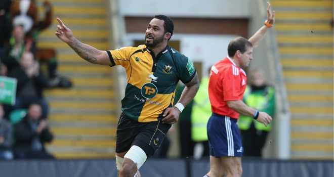 Samu Manoa celebrates his early try for Northampton