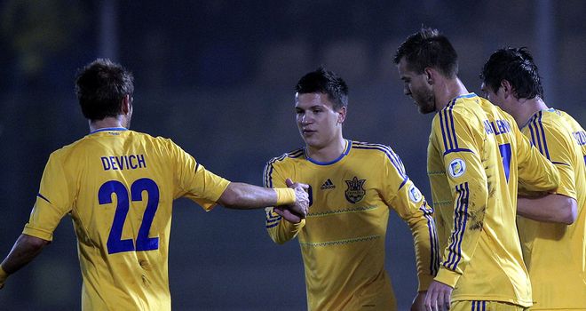 Ukraine celebrate a goal from Marko Devic