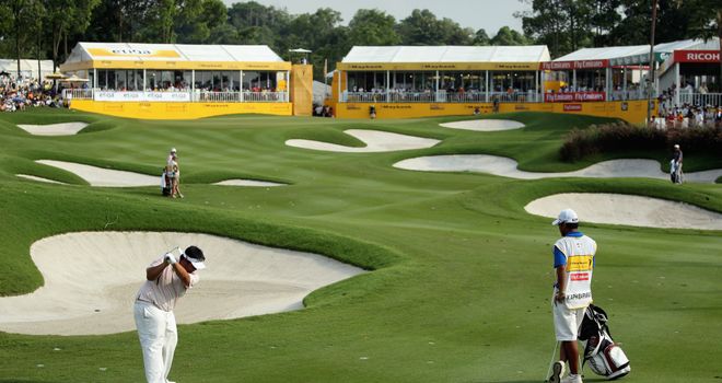 The bunker-filled 18th hole at the Kuala Lumpur Golf and Country Club.