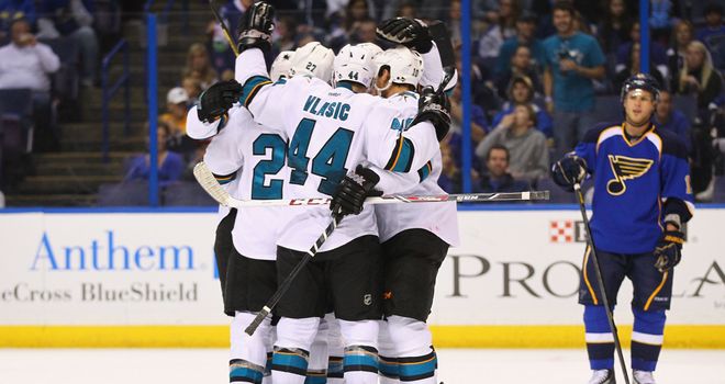 The San Jose Sharks celebrate as they move to 6-0 for the season