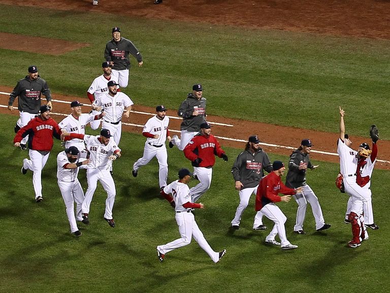 The Red Sox players celebrate their victory