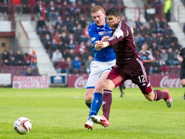 Callum Paterson battles it out with Brian Easton