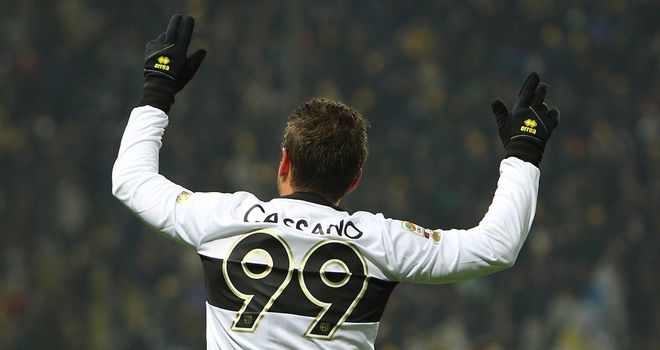 Antonio Cassano celebrates his goal for Parma