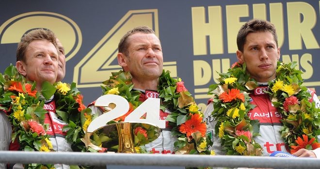 Allan McNish (left), Tom Kristensen (centre) and Loic Duval won in Le Mans earlier this year