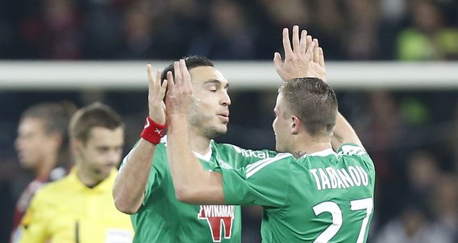 St Etienne's French forward Mevlut Erding celebrates