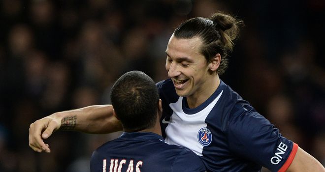 Zlatan Ibrahimovic celebrates with Lucas Moura