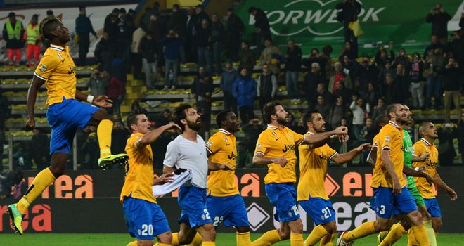Juventus celebrate their victory at Parma