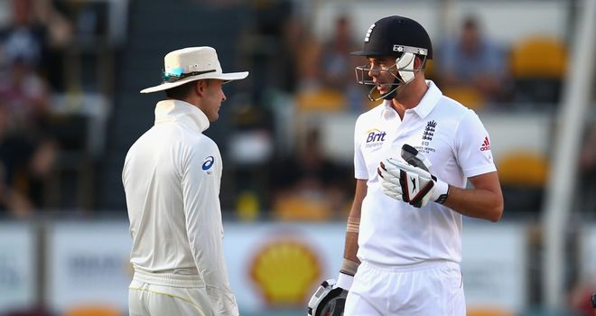 Michael Clarke and James Anderson exchange opinions at The Gabba