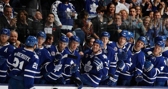 The Toronto Maple Leafs celebrate James van Riemsdyk's winner
