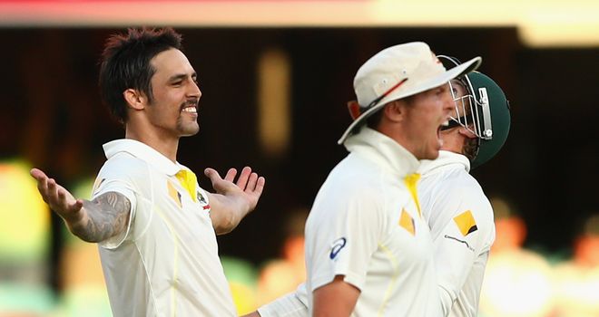 Ashes joy: Mitchell Johnson celebrates taking the wicket of James Anderson to win the first Test in Brisbane