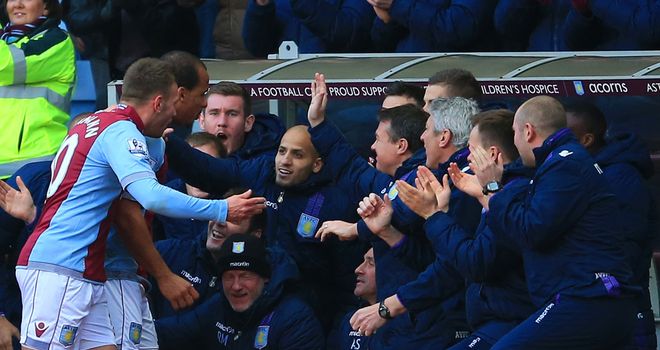 Gabriel Agbonlahor: Celebrates his opener with Villa team