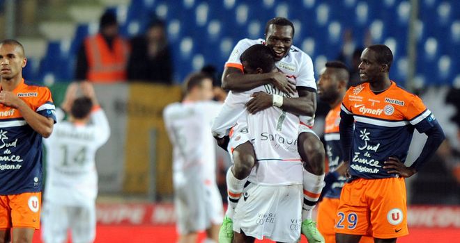 Lorient celebrate their victory at full time