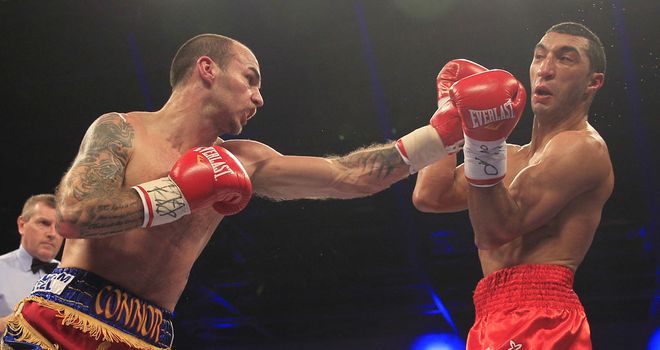 Kevin Mitchell connects with a left jab early in his fight with the game Karim El Ouazghari (Pic Lawrence Lustig)