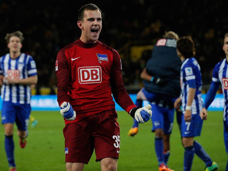 Marius Gersbeck celebrates after Hertha Berlin beat Dortmund