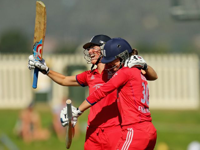 Charlotte Edwards and Sarah Taylor celebrate in Hobart