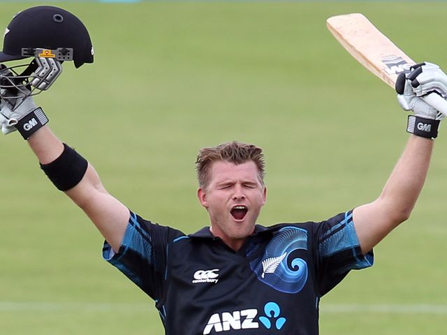Corey Anderson celebrates his historic feat