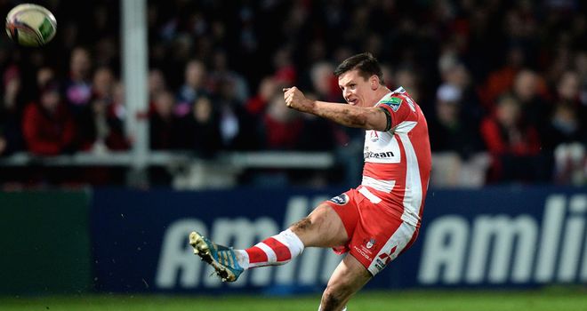 Freddie Burns kicking for Gloucester against Munster earlier this month