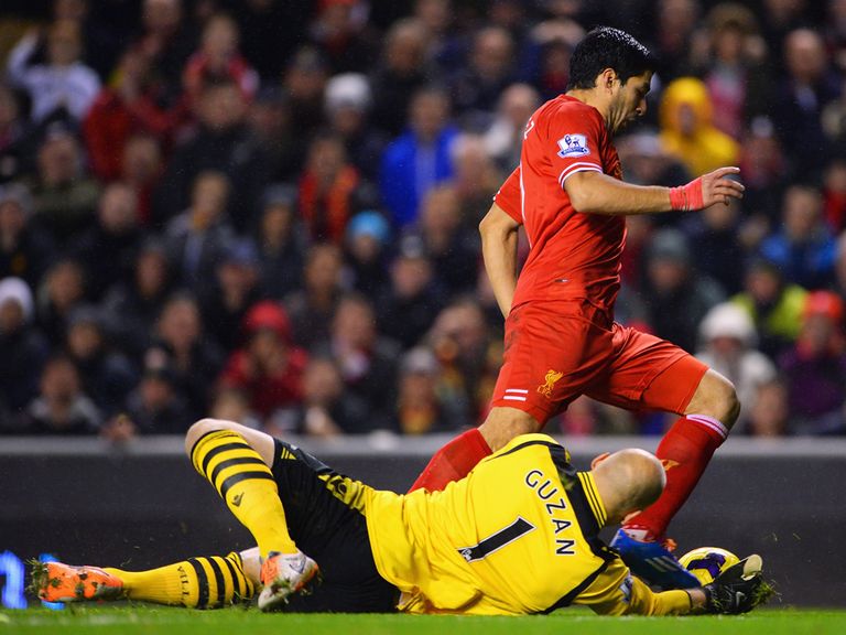 Guzan was adjudged to have brought Suarez down at Anfield