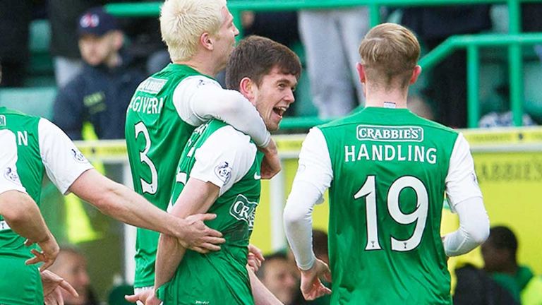 Hibernian celebrate Sam Stanton's opening goal against Ross County