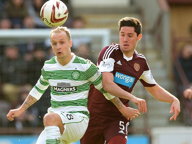 Celtic striker Leigh Griffiths shields the ball from Dylan McGowan