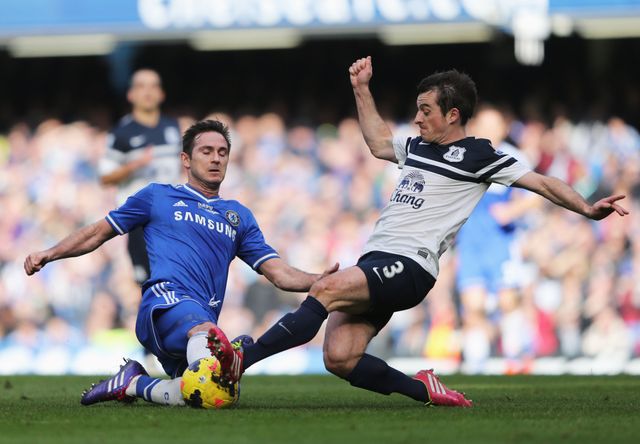 Leighton Baines of Everton tackles Frank Lampard of Chelsea