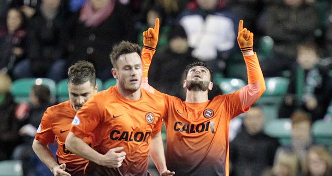 Dundee United striker Nadir Ciftci celebrates his goal against Hibernian at Easter Road