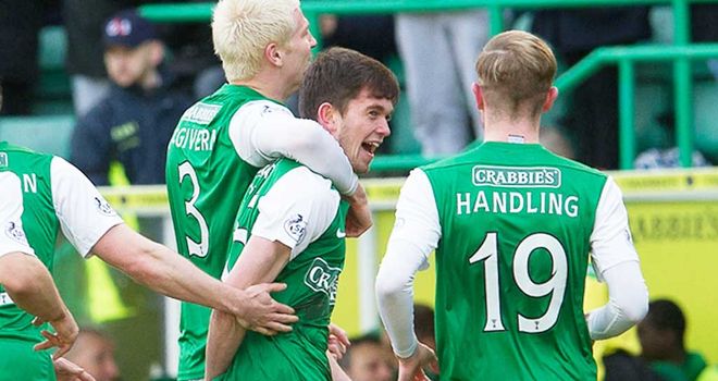 Hibernian celebrate Sam Stanton's opening goal against Ross County