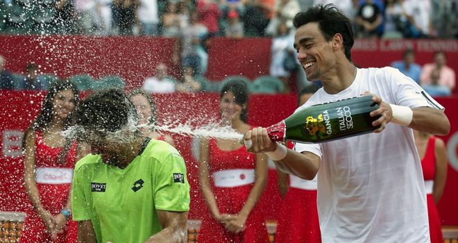 David Ferrer: Doused by Fabio Fognini after the Copa Claro final