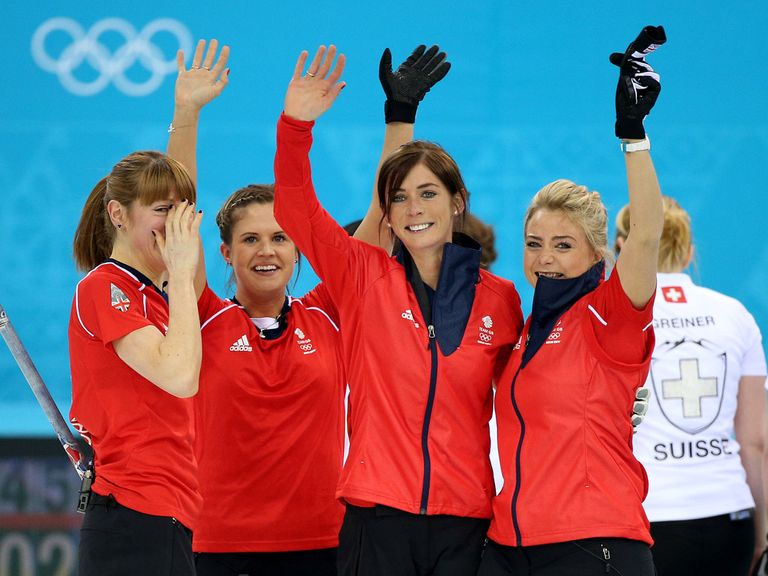 Eve Muihead and her British team celebrate a bronze medal