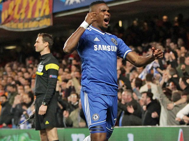 Samuel Eto'o celebrates after netting the opening goal