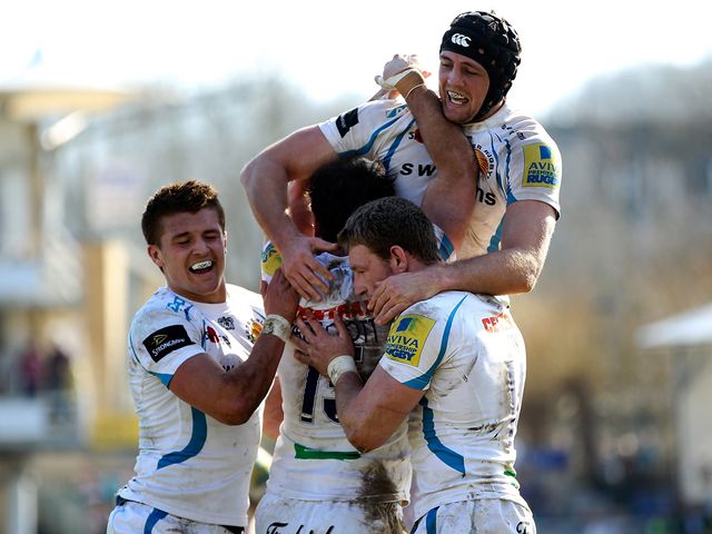 Exeter celebrate one of Luke Arscott's tries