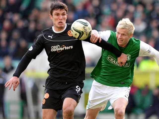 Motherwell's John Sutton and Ryan McGivern battle for possession
