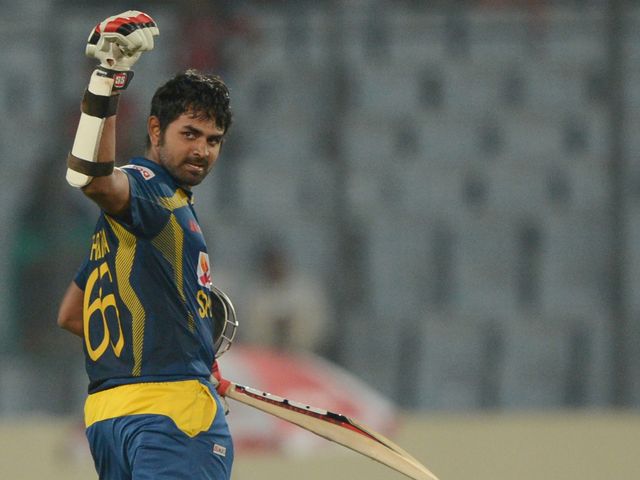 Lahiru Thirimanne celebrates his match-winning century