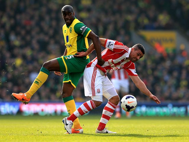 Sebastien Bassong and Jonathan Walters battle for the ball