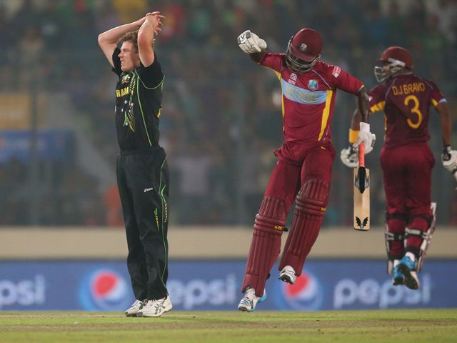 West Indies celebrate their six-wicket victory over Australia
