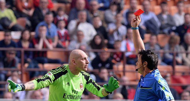 AC Milan goalkeeper Christian Abbiati is sent off