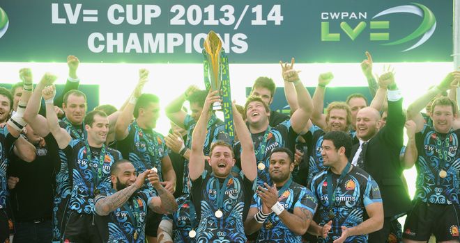 Exeter Chiefs celebrate after winning the LV=Cup on their own turf