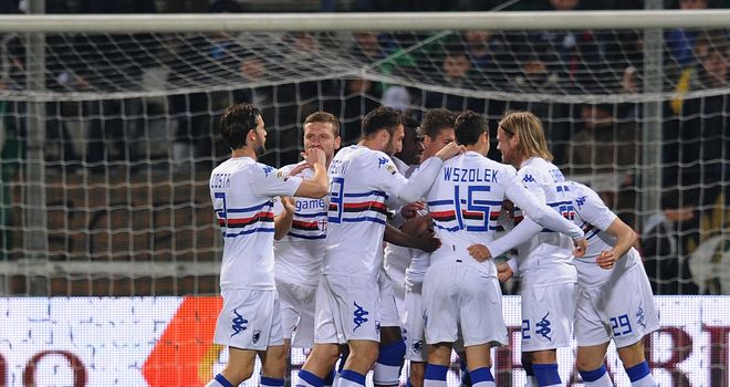 Gianluca Sansone of Sampdoria celebrates after scoring