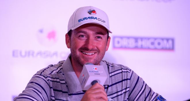 Graeme McDowell of Team Europe talking to the press at the EurAsia Cup