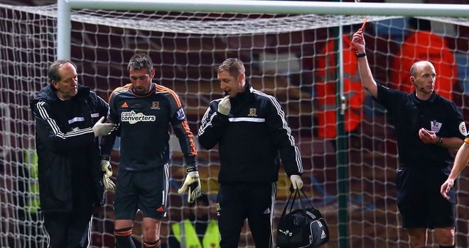 Allan McGregor: Was sent off for his challenge on Mo Diame